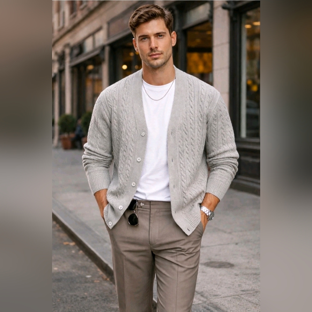 Advisory Board Crystals Mens Grey Cable Knit Cardigan Cotton Button Front  Sz M